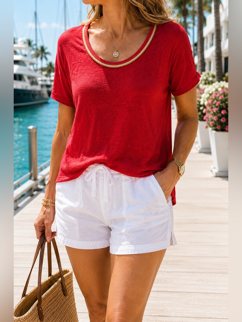 Chicos Red 100% Linen Tee Sweater Knit Gold Metallic Trim Scoop Neck Top 1 M NWT